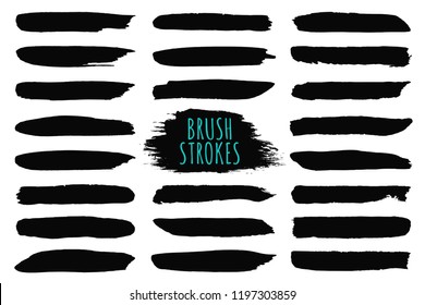 Brush strokes collection. Hand drawn brush strokes, black paint strokes and ink lines. Design elements, text boxes and banners with grunge texture. Vector