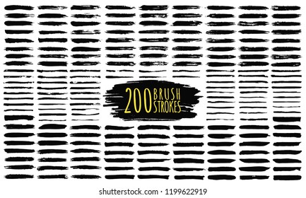 Brush strokes collection. Hand drawn brush strokes, black paint strokes and ink lines. Design elements, text boxes and banners with grunge texture. Vector