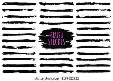 Brush strokes collection. Hand drawn brush strokes, black paint strokes and ink lines. Design elements, text boxes and banners with grunge texture. Vector