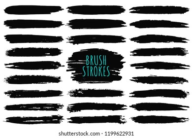 Brush strokes collection. Hand drawn brush strokes, black paint strokes and ink lines. Design elements, text boxes and banners with grunge texture. Vector