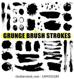 Brush strokes collection. Set of black hand drawn brushes isolated on white background for your design. Ink splatters. Black labels, background, paint texture. Vector