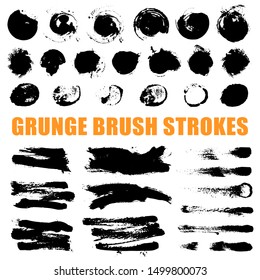Brush strokes collection. Set of black hand drawn brushes isolated on white background for your design. Ink splatters. Black labels, background, paint texture. Vector