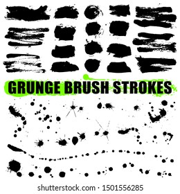 Brush strokes collection. Set of black hand drawn brushes isolated on white background for your design. Ink splatters. Black labels, background, paint texture. Vector