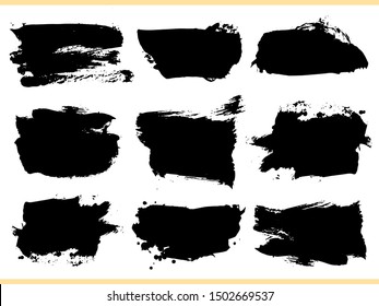 Brush strokes collection. Set of black ink hand drawn brushes isolated on white background for your design. Black labels, background, paint texture. Vector