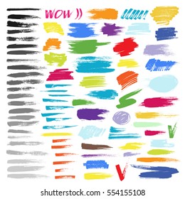 Brush strokes color painted vector set grunge hand drawn  paint artistic design brushy art isolated on white illustration.