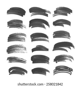 Brush strokes drawn in ink on white paper big set