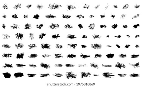 Brush strokes elements vector set. Hand drawn grunge spots, stains, lines, scratches for design. Template of black ink abstract elements.