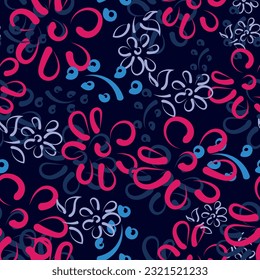 Brush strokes, flowers, spots create seamless patterns for fashionable bright textiles, graphics, backgrounds and crafts.