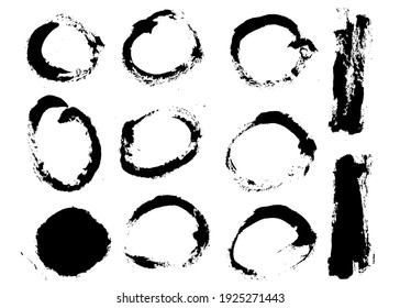Brush strokes frames. Vector paintbrushes set. Grunge design elements. Round text boxes, speech bubbles. Dirty distress texture banners. Ink splatters. Grungy painted texture.