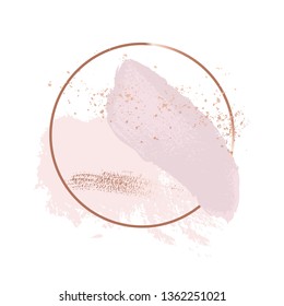 Brush Strokes In Gentle Delicate Pink Tones And Rose Gold Circle Frame. Abstract Vector Foil Sparkle Background. Watercolor Splash