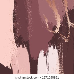 Brush strokes in gentle dusty rose tones and rose gold glitter splashes. Abstract vector background. Dark red luxury design