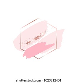 Brush strokes in gentle pink tones and rose gold hexagonal frame. Abstract vector background. 