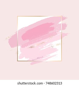 Brush Strokes In Gentle Pink Tones And Gold Square Frame. Abstract Vector Background. 