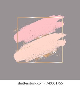 Brush strokes in gentle skin tones and gold square frame. Abstract vector background. 