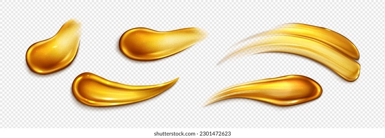 Brush strokes of gold paint. Stains and smears of luxury cosmetic, golden color gel or mask swatches isolated on transparent background, vector realistic illustration