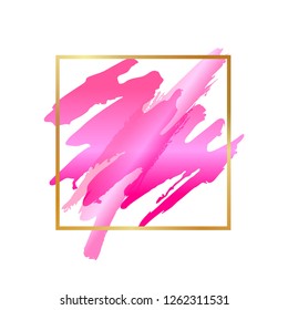 Brush strokes and gold square frame. Abstract vector background.  