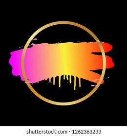 Brush strokes and gold square frame. Abstract vector background.  