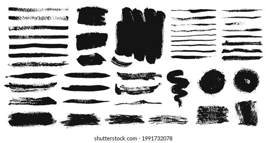 Brush strokes. Grunge paint stroke, ink lines, chalk texture. Black paintbrush frames. Rough brushstroke painting element vector set. Dirty dark graffiti stripes and abstract circles