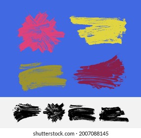 Brush strokes highly detailed. Paintbrush elements. Set of grunge design. Rectangle text boxes. Thin dirty distress texture banners. Ink splatters. Painted banners. Vector isolated on white background