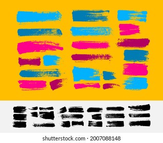 Brush strokes highly detailed. Set of grunge design. Rectangle text boxes. Painted banners. Thin dirty distress texture banners. Ink splatters. Paintbrush elements. Vector isolated on white background