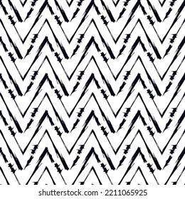 Brush strokes horizontal zigzag stripes print. Freehand chevron lines seamless pattern. Hand drawn background. Simple classic geometric ornament. Trendy grunge design. Vector abstract geo wallpaper