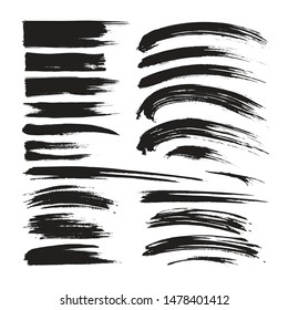 Brush strokes ink black painting - creative set. Dirty artistic design elements. Vector illustration. 