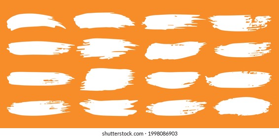 Brush strokes of ink and paint on orange isolated background for text, frames, boxes, notebooks, design elements. Brush lines and textures for decoration. Hand drawn vector. Labels and stickers