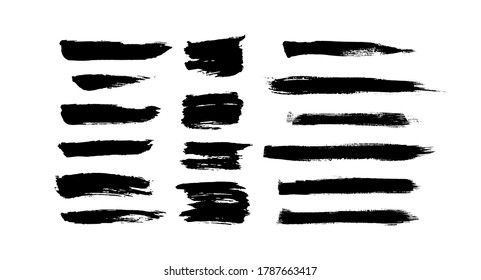 Brush strokes. Ink painting. Set collection. Vector illustration. Black and white, monochrome.