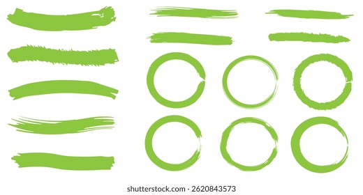 Brush strokes. Ink painting. Set collection. circle, line brush Vector.  Hand drawn, paper texture. 