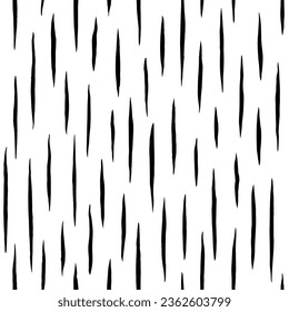 Brush strokes, ink stripes, rough lines seamless repeat vector pattern. Doodle creative fusiform painted brushstrokes, uneven streaks chaotic decoration. Hand drawn artistic black white background.