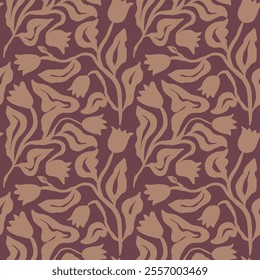 Brush strokes inky flowers brown seamless pattern. Abstract floral contemporary background. Textured botanical minimalist wallpaper