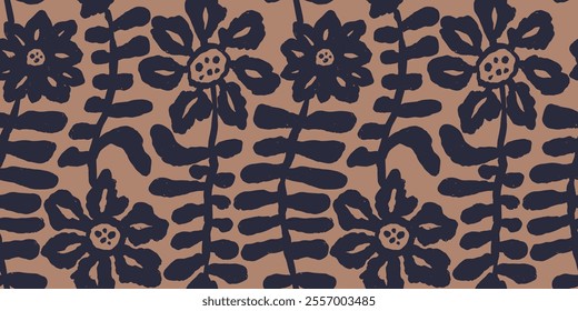 Brush strokes inky flowers brown seamless pattern. Abstract floral contemporary background. Textured botanical minimalist wallpaper