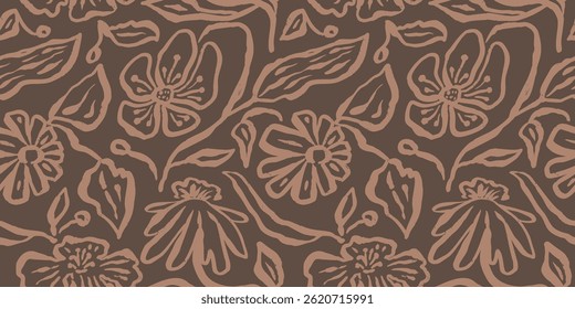 Brush strokes inky flowers brown seamless pattern. Abstract floral contemporary background. Textured botanical minimalist wallpaper