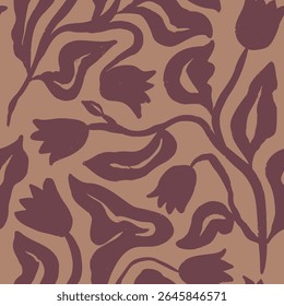 Brush strokes inky flowers brown seamless pattern. Abstract floral contemporary background. Textured botanical minimalist wallpaper