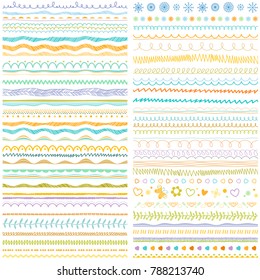 Brush strokes, lines collection. Seasonal ornaments. Doodle patterns. Decorative design elements and symbols. Hand drawn brush strokes, lines collection. Borders, dividers, ribbons, frames set.