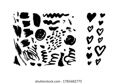 Brush strokes and love hearts isolated. Ink painting. Cute, funny sketch. Children, kids hand drawing. Geometric elements. Set collection. Vector. Black and white, monochrome. Trendy, modern artwork