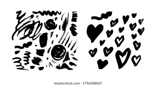 Brush strokes and love hearts isolated. Ink painting. Cute, funny sketch. Children, kids hand drawing. Geometric elements. Set collection. Vector. Black and white, monochrome. Trendy, modern artwork