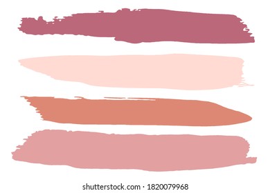 
Pulsaciones de pincel. Colección de frotis de maquillaje. Ilustración vectorial de cepas cosméticas. Conjunto vectorial de muestras de lápiz labial aisladas en blanco. Unas líneas cosméticas y unos trazos. 
