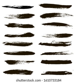 Brush strokes. Paint lines grunge collection. Set of black grungy hand painted brush strokes isolated on white. Abstract ink texture, mascara smudge, makeup eye pencil set.