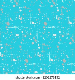 Brush strokes and paint splashes seamless pattern. Abstract hand drawn texture with silver stains, drops, bubbles, speckles, spots, dots on blue background. Vector design for gift wrap, textile print