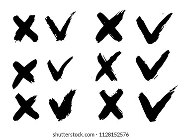Brush strokes paint tick and cross vector signs, hand drawn, isolated
