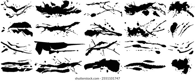 Pinceladas. Juego de pinceles. Elementos de diseño Grunge. Cuadros de texto largos. Anuncios de textura sucia. Salpicaduras de tinta. Frotis seco dibujado a mano. Objetos pintados. Vector 