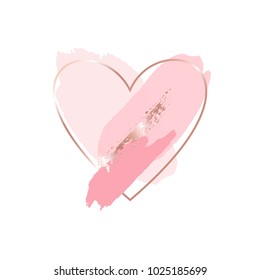 Brush Strokes In Pink Tones And Rose Gold Heart Frame On A White Background. Abstract Vector Background. 