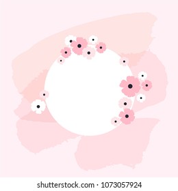 Brush strokes, pink and white flowers. Round frame. Abstract background