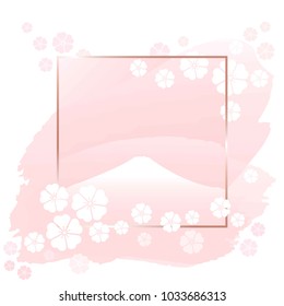 Brush strokes in rose tones, rose gold line frame and sakura flowers on a white background. Japanese landscape. Vector background. 