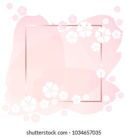 Brush strokes in rose tones, rose gold line frame and sakura flowers on a white background. Vector background. 