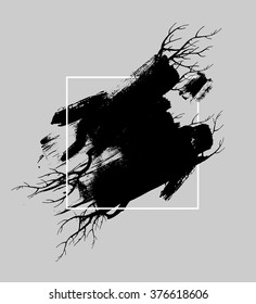 Brush strokes with rough edges and branches in frame. Abstract background. Vector illustration.