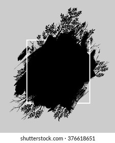 Brush strokes with rough edges and branches in frame. Abstract background. Vector illustration.