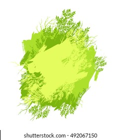Brush strokes with rough edges, branches and leaves. Green hand painted stain isolated on white. Abstract eco background. Vector illustration.