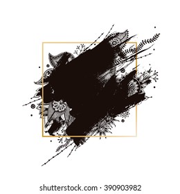 Brush strokes with rough edges and indian henna tattoos. Modern gold frame. Abstract background. Vector illustration.